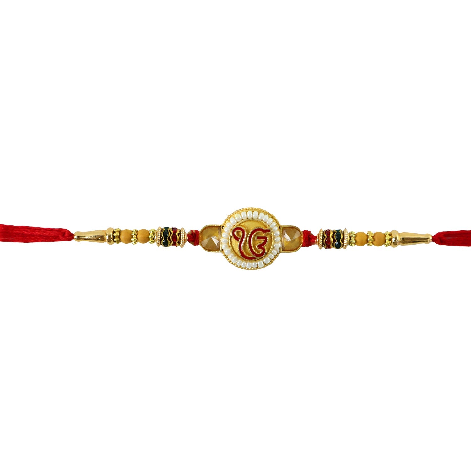 Ik Onkar Sikh Symbol Kundan Pearl Bead Fancy Thread Rakhi for Brother