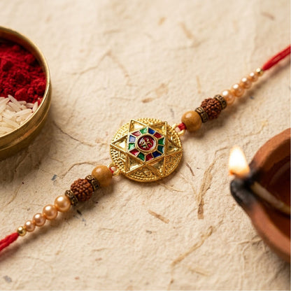 Round Meenakari Stylish Star Charm Rudraksha Pearl Bead Rakhi for Brother