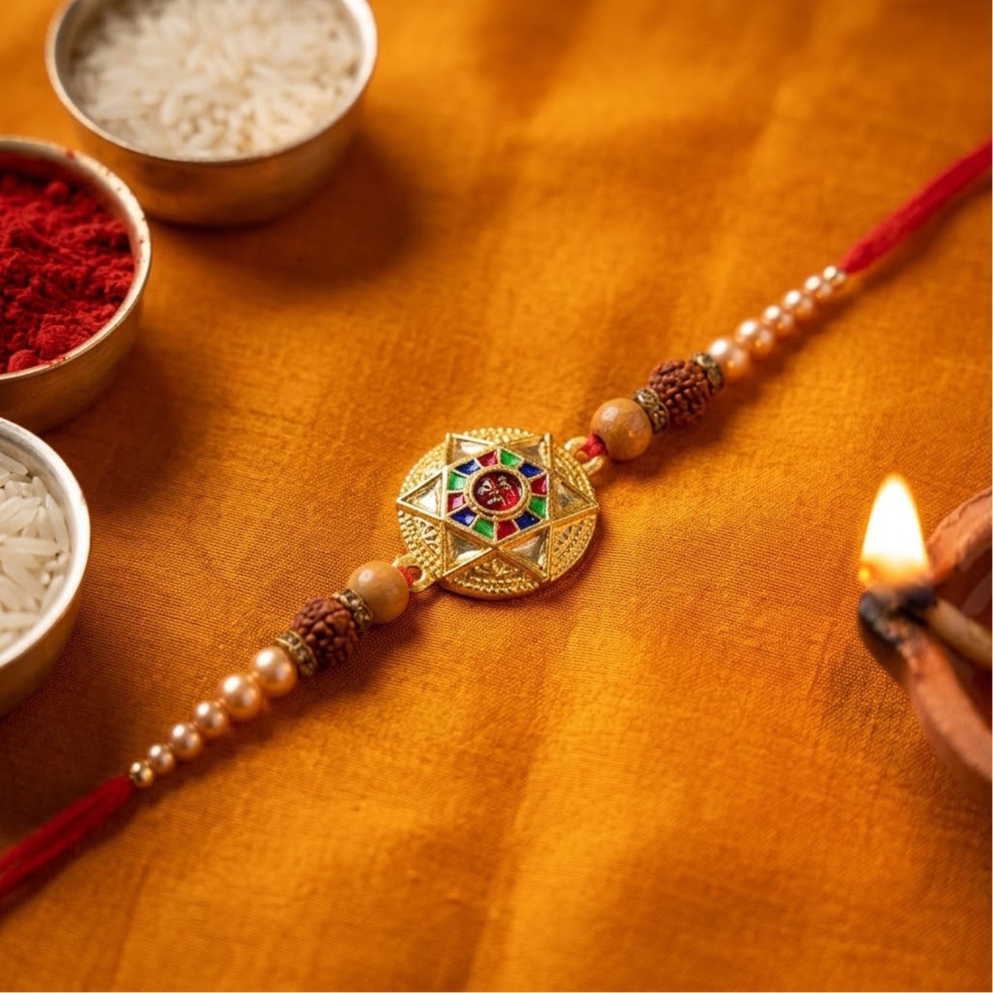 Round Meenakari Stylish Star Charm Rudraksha Pearl Bead Rakhi for Brother