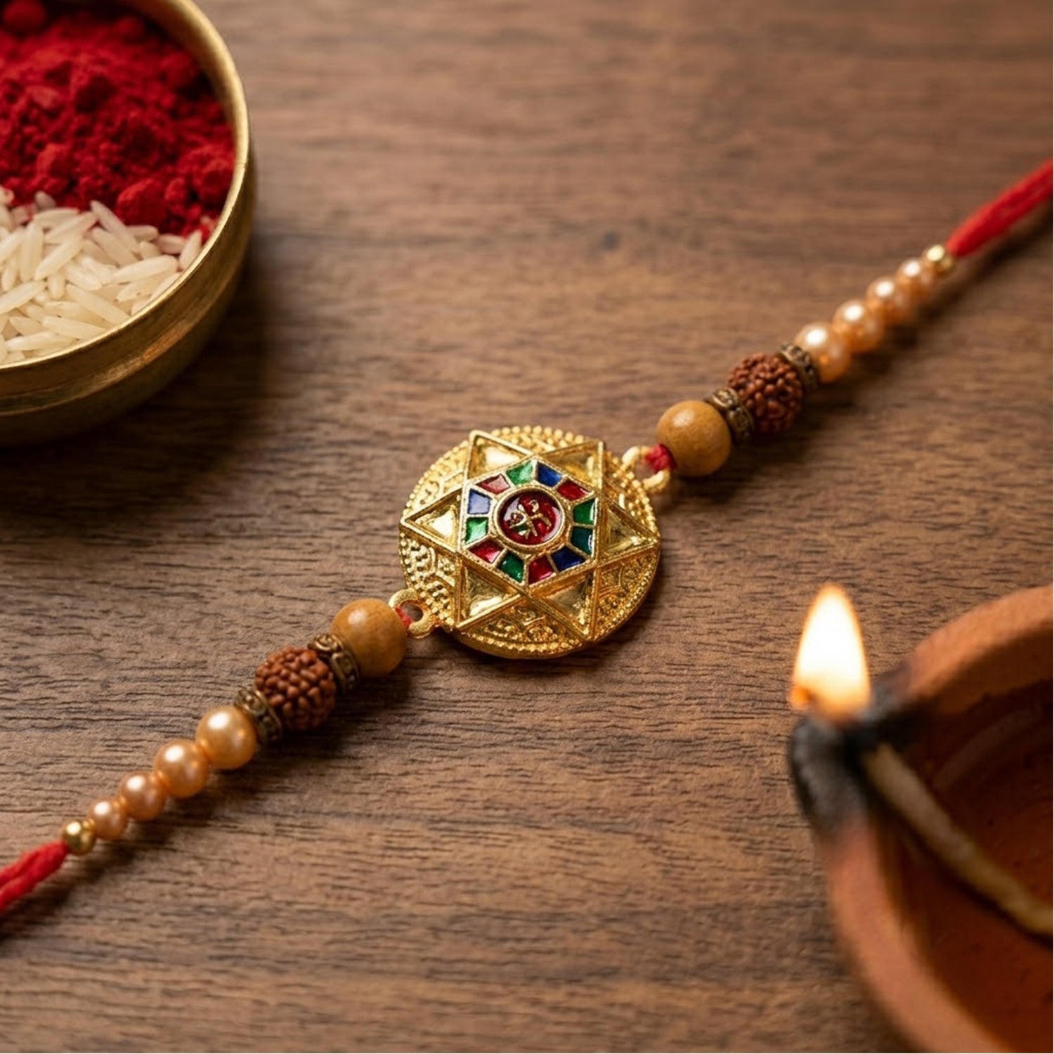 Round Meenakari Stylish Star Charm Rudraksha Pearl Bead Rakhi for Brother