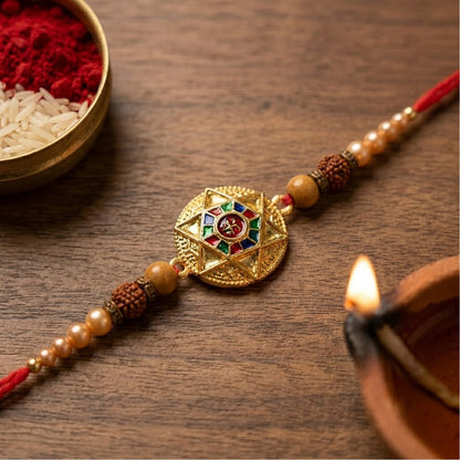 Round Meenakari Stylish Star Charm Rudraksha Pearl Bead Rakhi for Brother