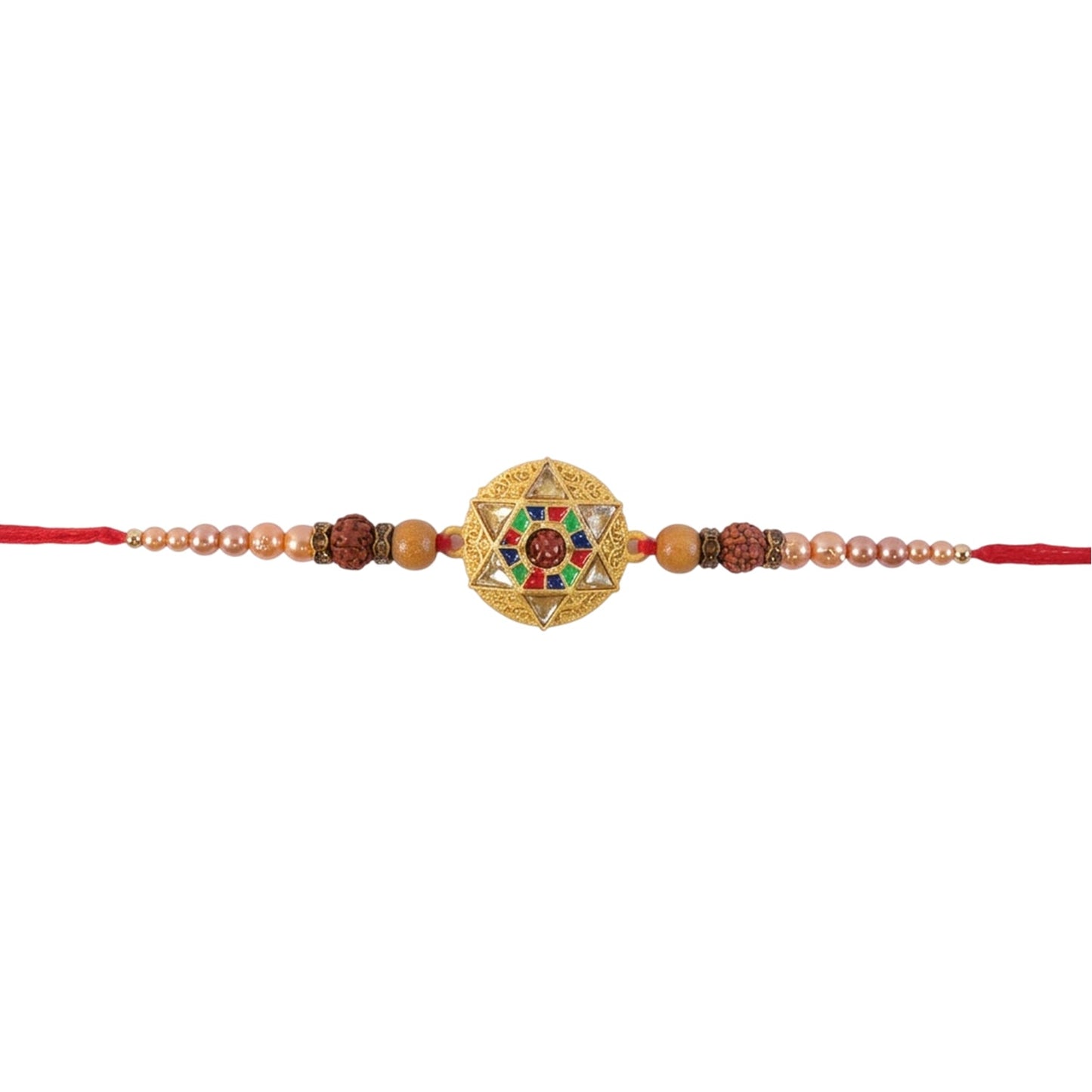 Round Meenakari Stylish Star Charm Rudraksha Pearl Bead Rakhi for Brother