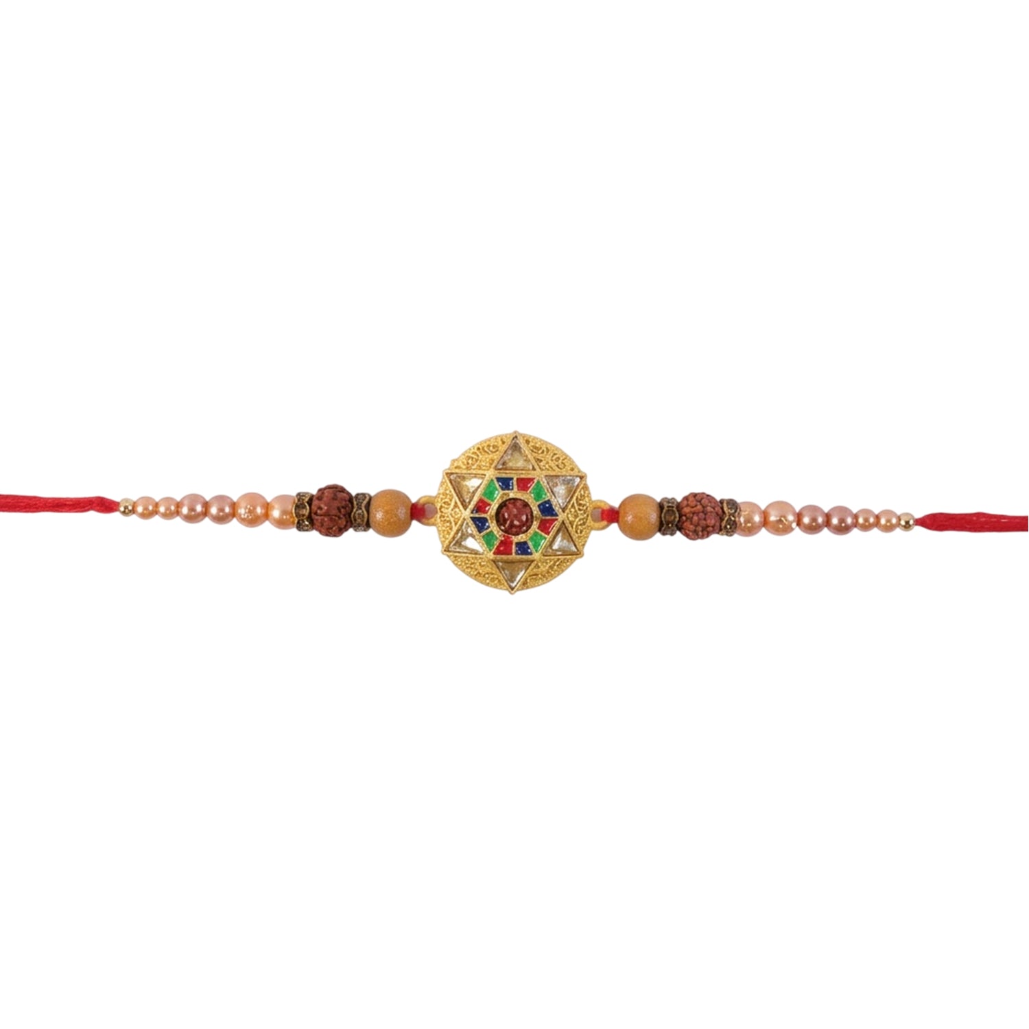 Round Meenakari Stylish Star Charm Rudraksha Pearl Bead Rakhi for Brother