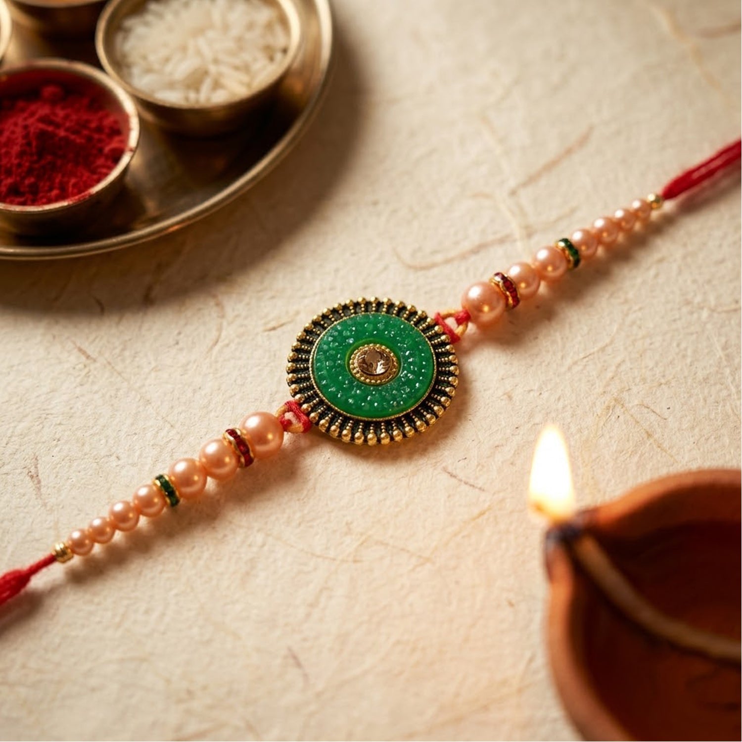 Round Antique Meenakari Enamel Kundan Pearl Bead Thread Rakhi for Brother