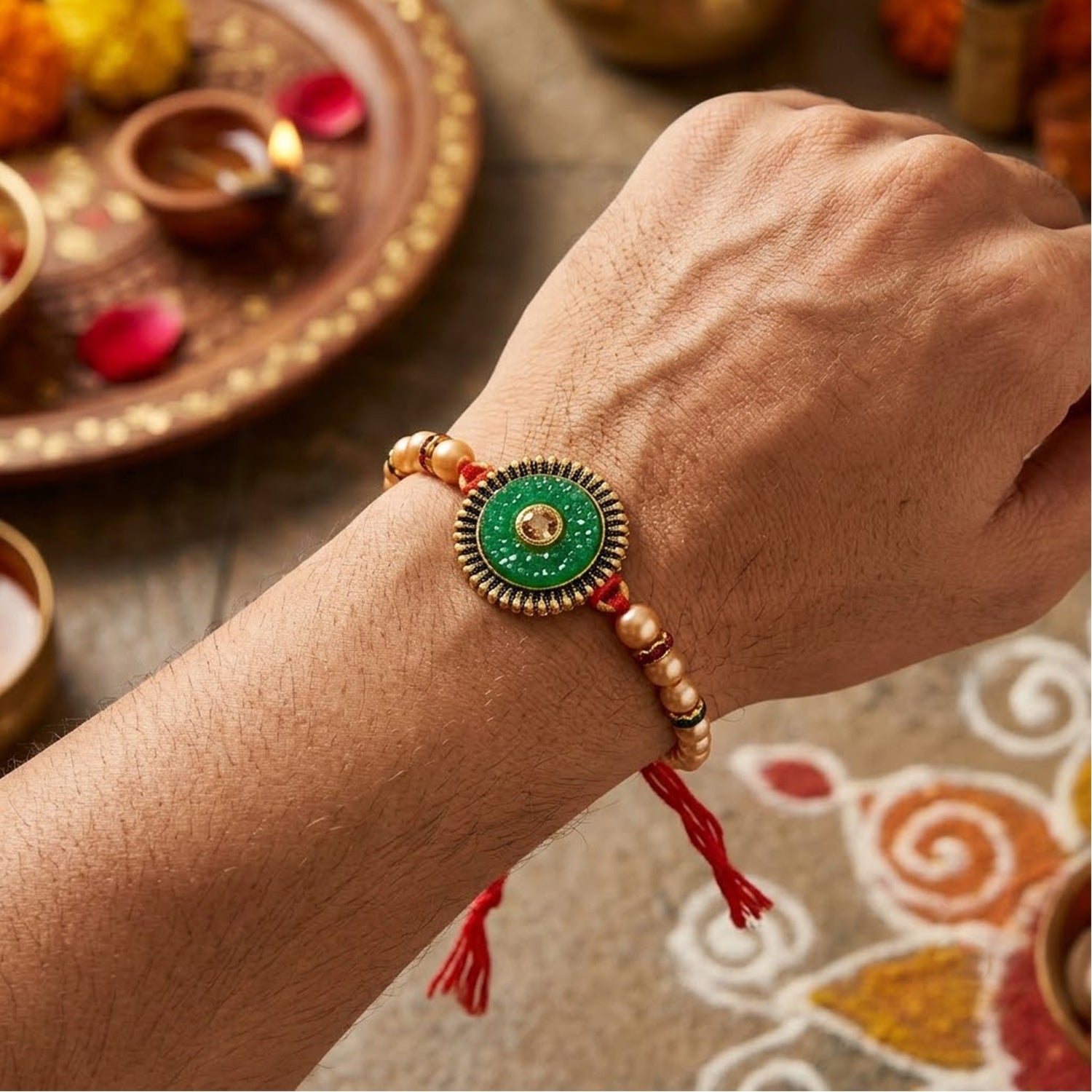 Round Antique Meenakari Enamel Kundan Pearl Bead Thread Rakhi for Brother