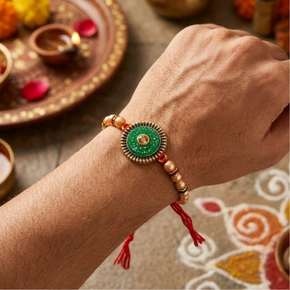 Round Antique Meenakari Enamel Kundan Pearl Bead Thread Rakhi for Brother