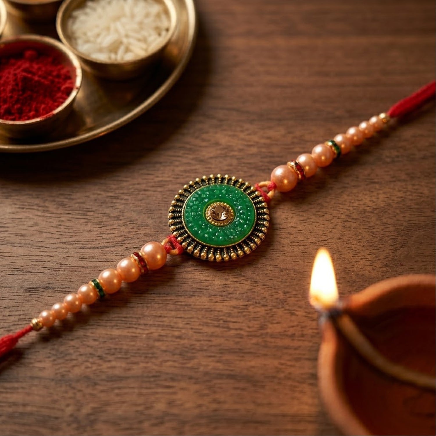Round Antique Meenakari Enamel Kundan Pearl Bead Thread Rakhi for Brother