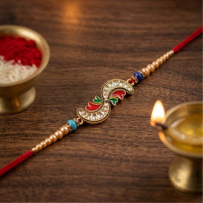 Kundan Meenakari Enamel Charm Pearl Bead Thread Rakhi for Brother