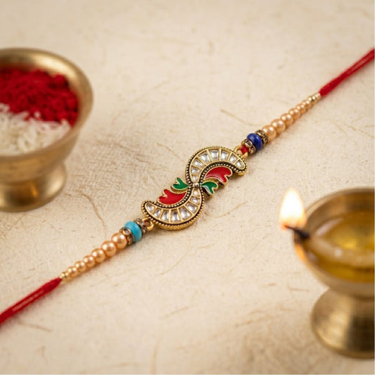 Kundan Meenakari Enamel Charm Pearl Bead Thread Rakhi for Brother