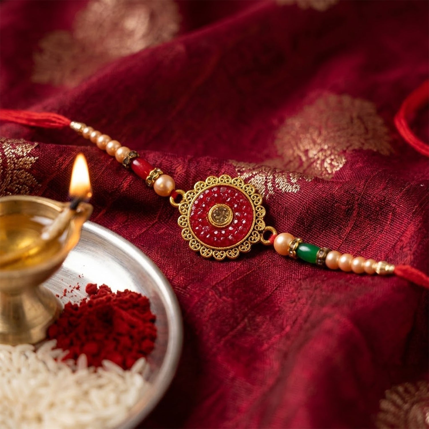 Round Antique Meenakari Enamel Kundan Stone Pearl Bead Rakhi for Brother