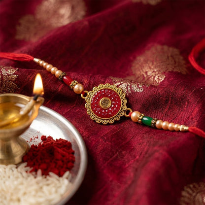 Round Antique Meenakari Enamel Kundan Stone Pearl Bead Rakhi for Brother
