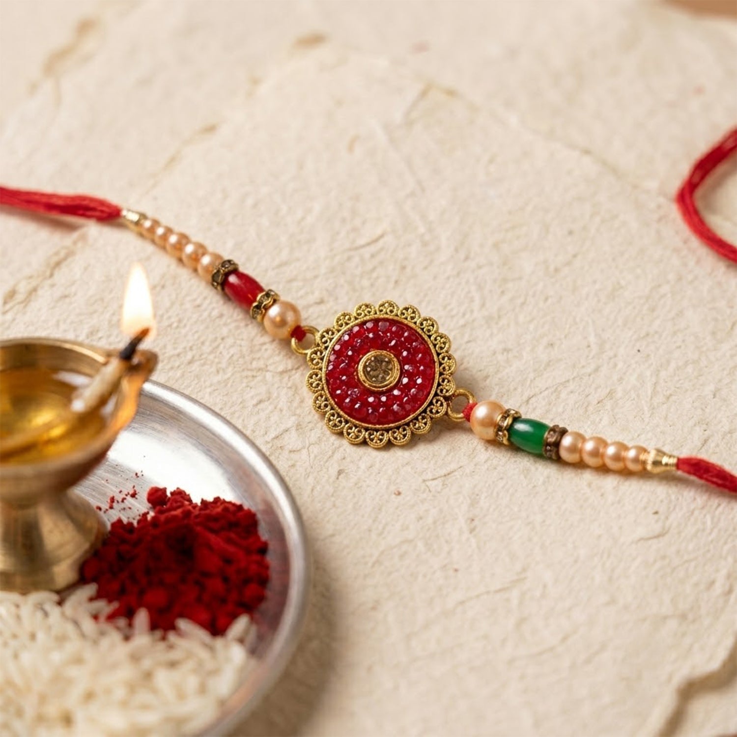 Round Antique Meenakari Enamel Kundan Stone Pearl Bead Rakhi for Brother