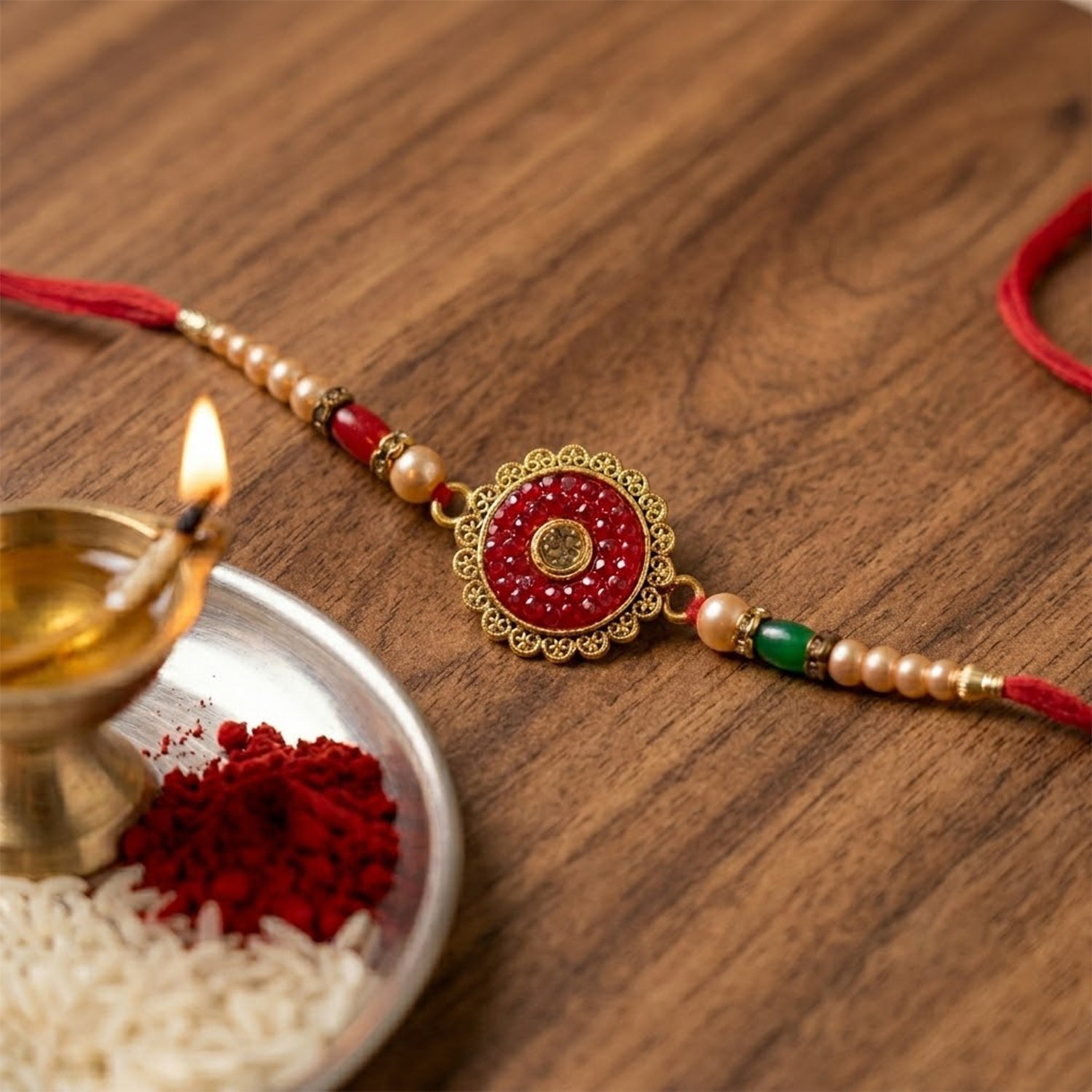 Round Antique Meenakari Enamel Kundan Stone Pearl Bead Rakhi for Brother