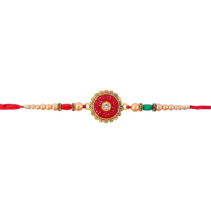 Round Antique Meenakari Enamel Kundan Stone Pearl Bead Rakhi for Brother