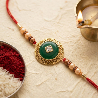 Round Jade Stone Kundan Filigree Charm Pearl Bead Thread Rakhi for Brother