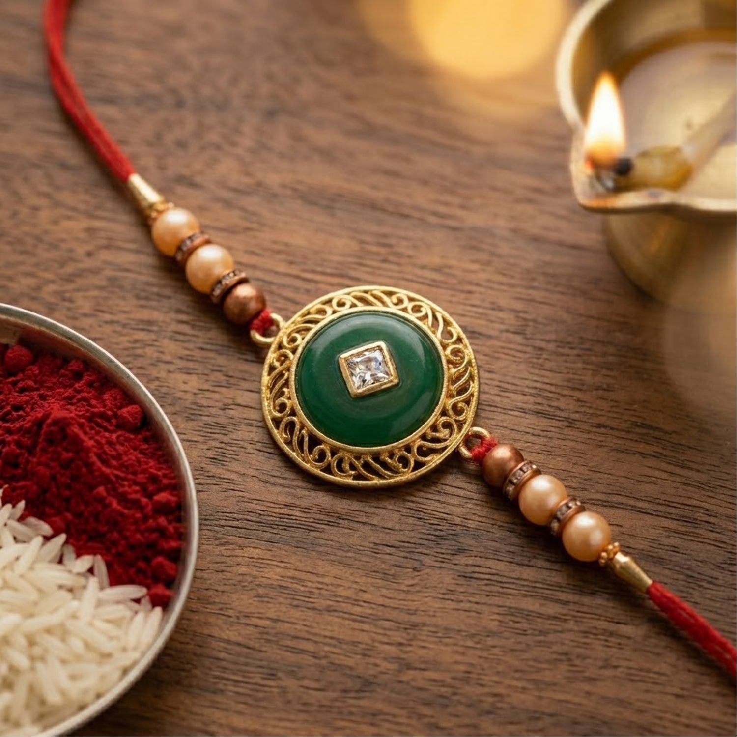 Round Jade Stone Kundan Filigree Charm Pearl Bead Thread Rakhi for Brother