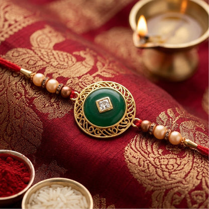 Round Jade Stone Kundan Filigree Charm Pearl Bead Thread Rakhi for Brother