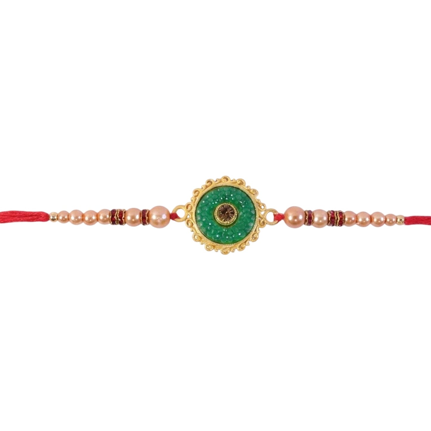 Round Jade Stone Kundan Filigree Charm Pearl Bead Thread Rakhi for Brother