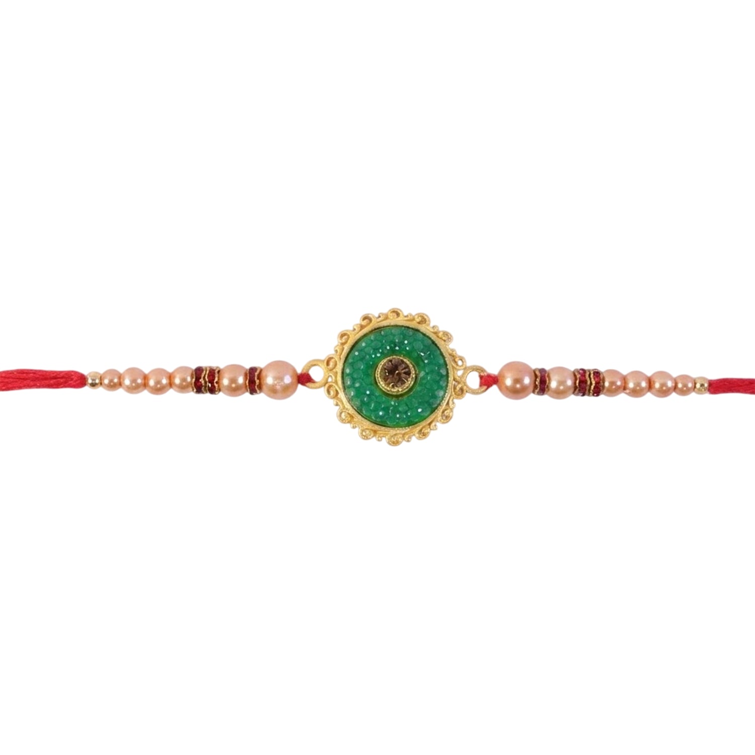 Round Jade Stone Kundan Filigree Charm Pearl Bead Thread Rakhi for Brother