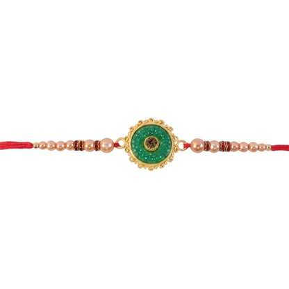 Round Jade Stone Kundan Filigree Charm Pearl Bead Thread Rakhi for Brother
