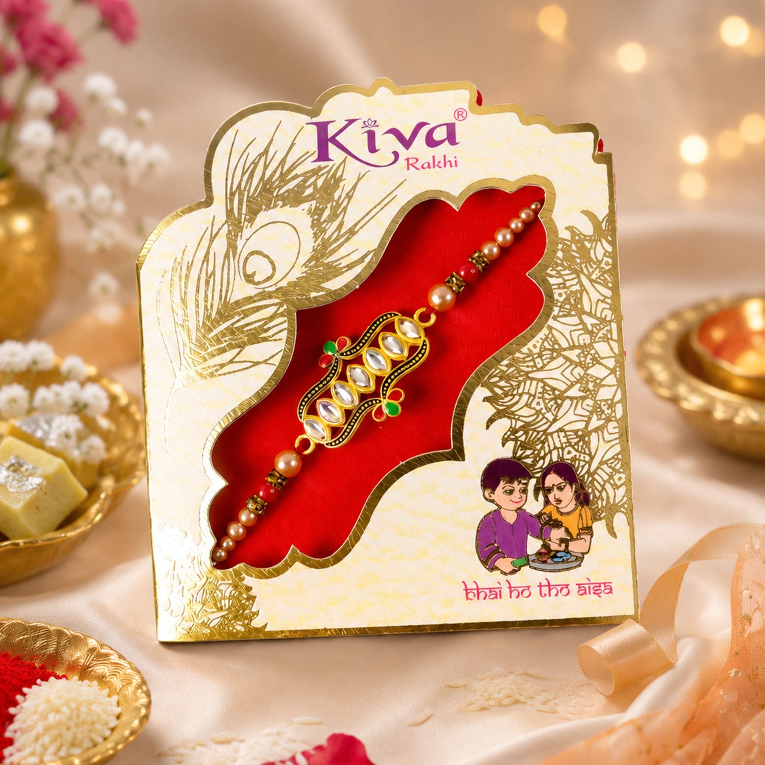Intricate detailing on the kundan stone studded Rakhi for brother.
