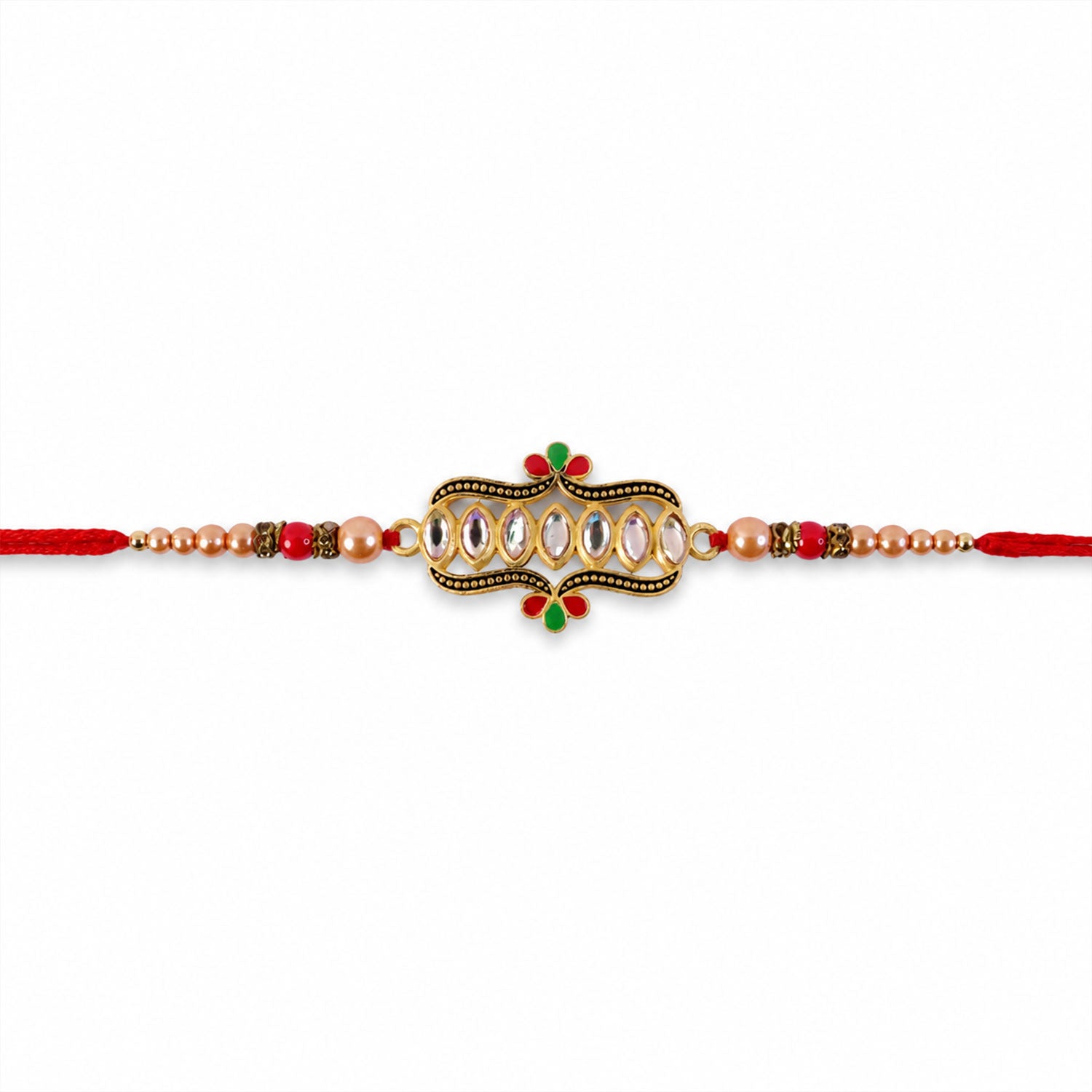 Front view of the traditional kundan stone Rakhi with golden beads.