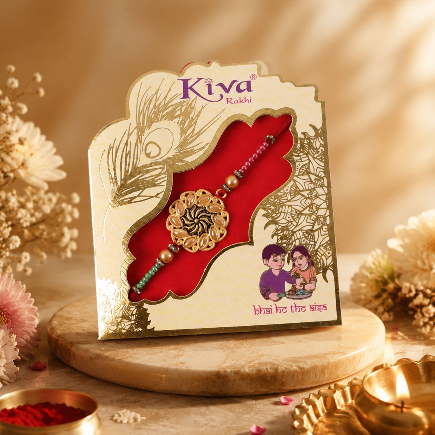 Side view of the Floral Kundan Designer Rakhi showing its intricate beadwork.