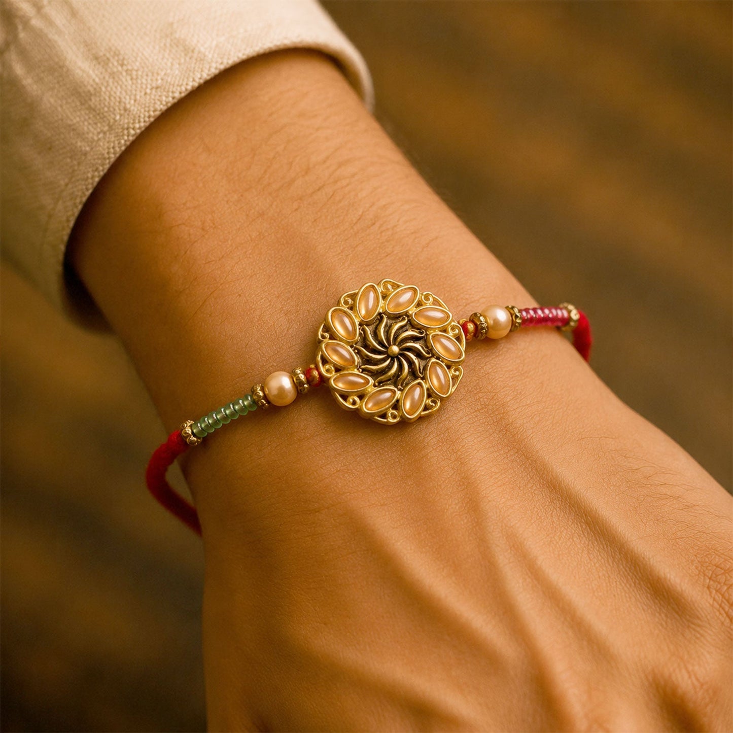 Close-up of the Floral Kundan Rakhi highlighting the detailed kundan and floral design.