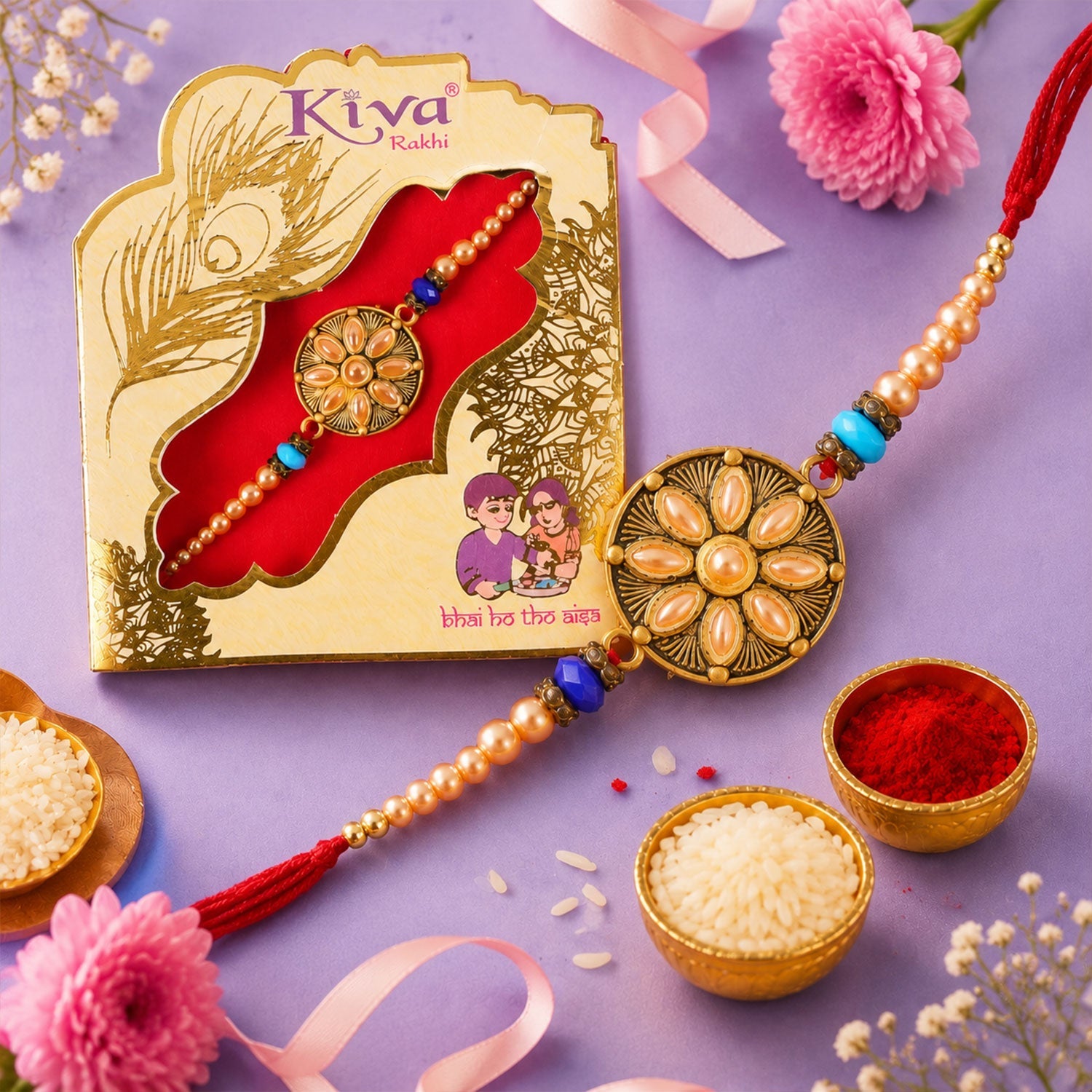 Kundan Stone Rakhi for Brother featuring a detailed flower charm and bead work.