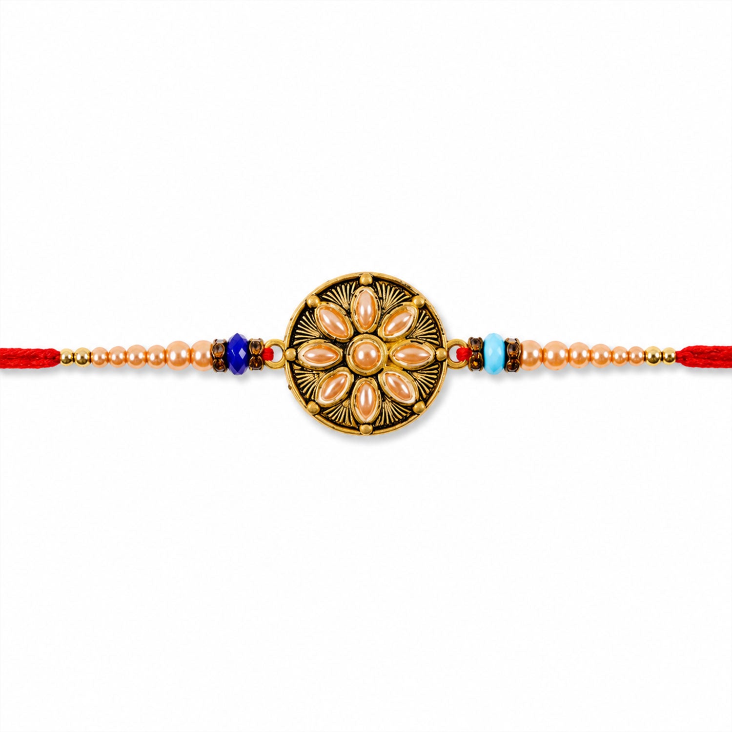 Multiple flower charm kundan stone rakhis displayed for festive gifting.