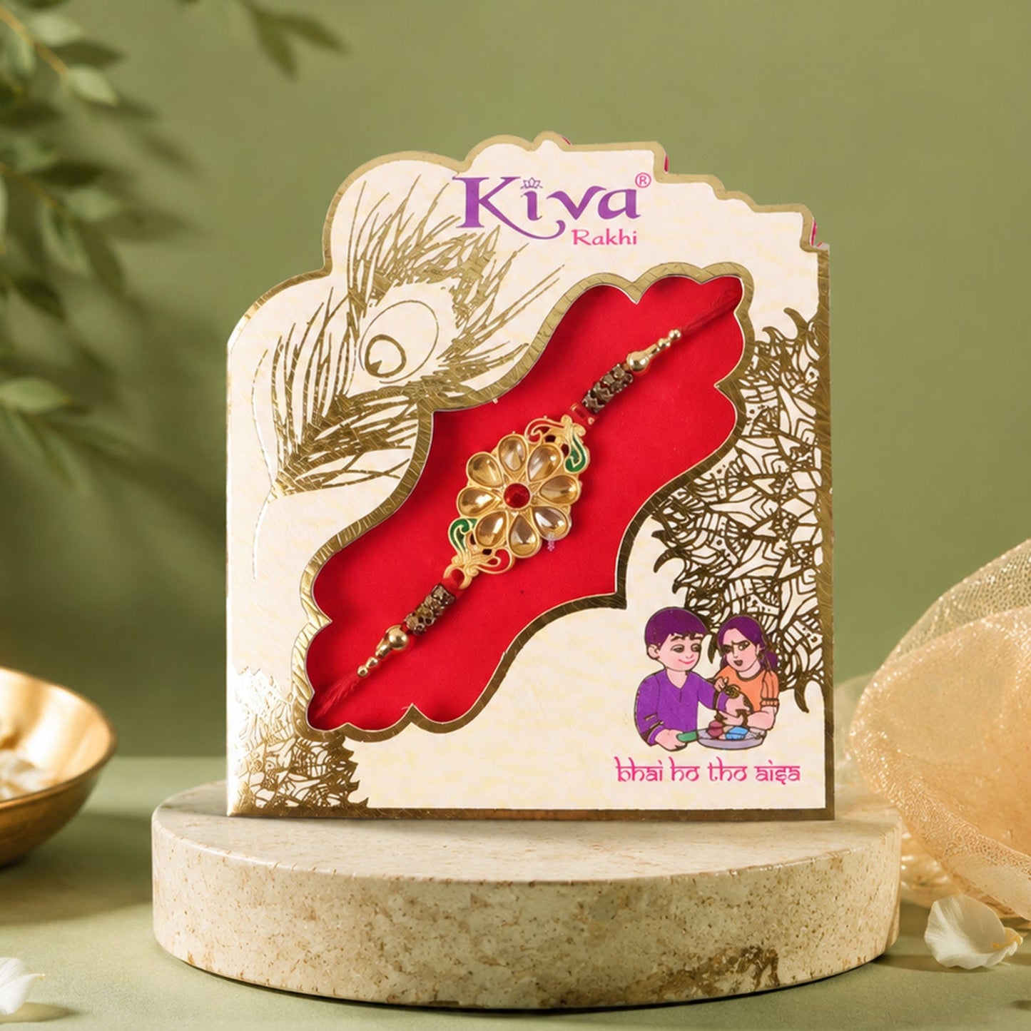 Close up of Kundan Stone Rakhi for brother showing detailed pearl bead work.