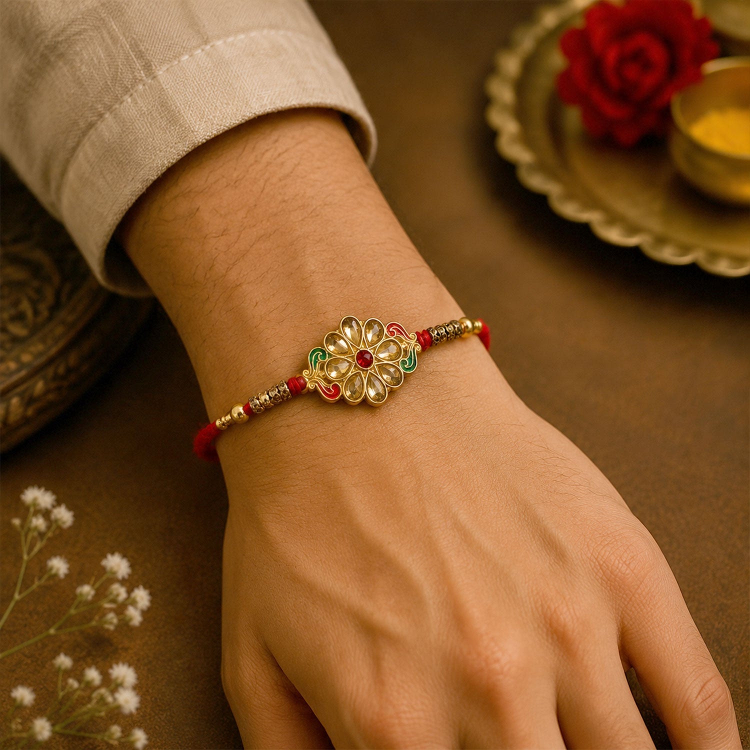 Kundan Stone Rakhi for brother displayed on a festive background.