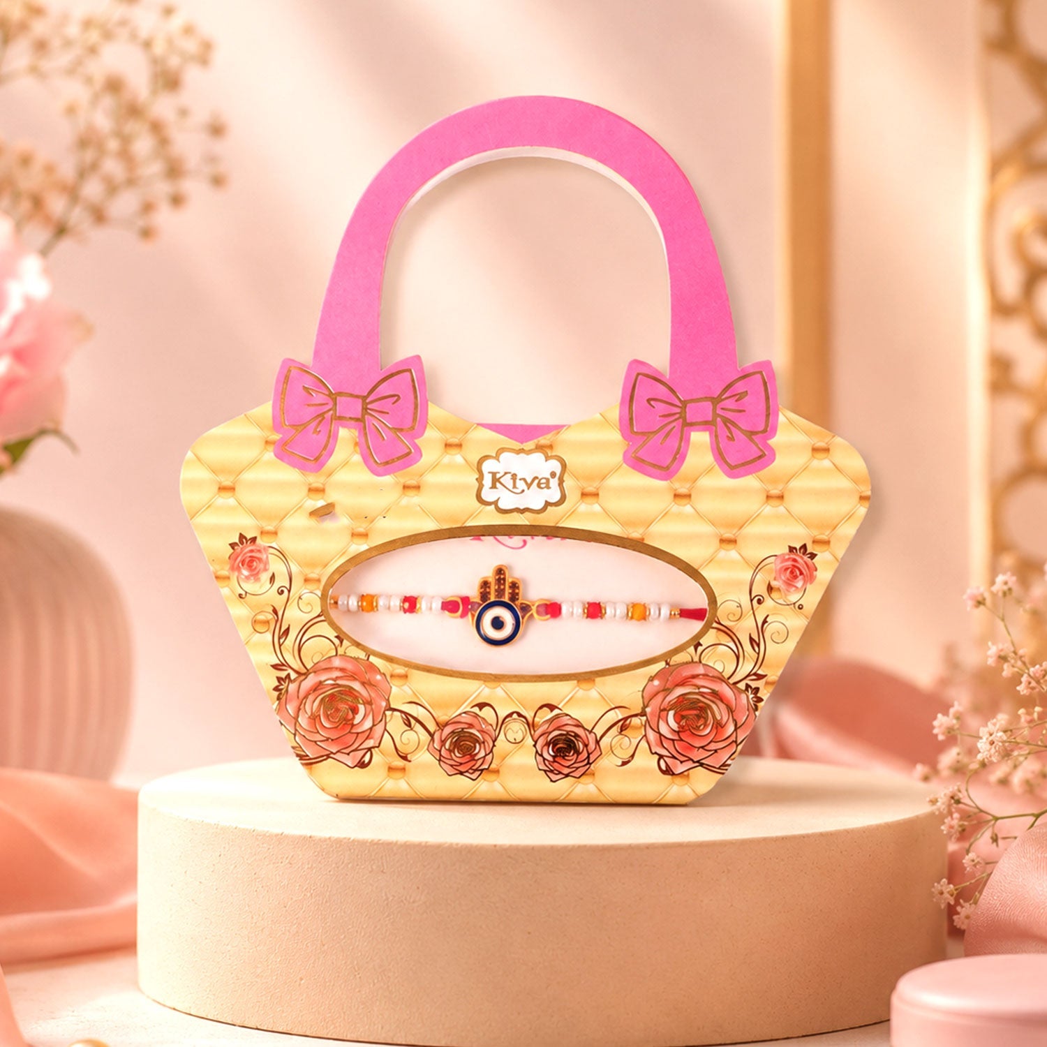 Front view of the Evil Eye Designer Rakhi showcasing its unique design and pearl embellishments.