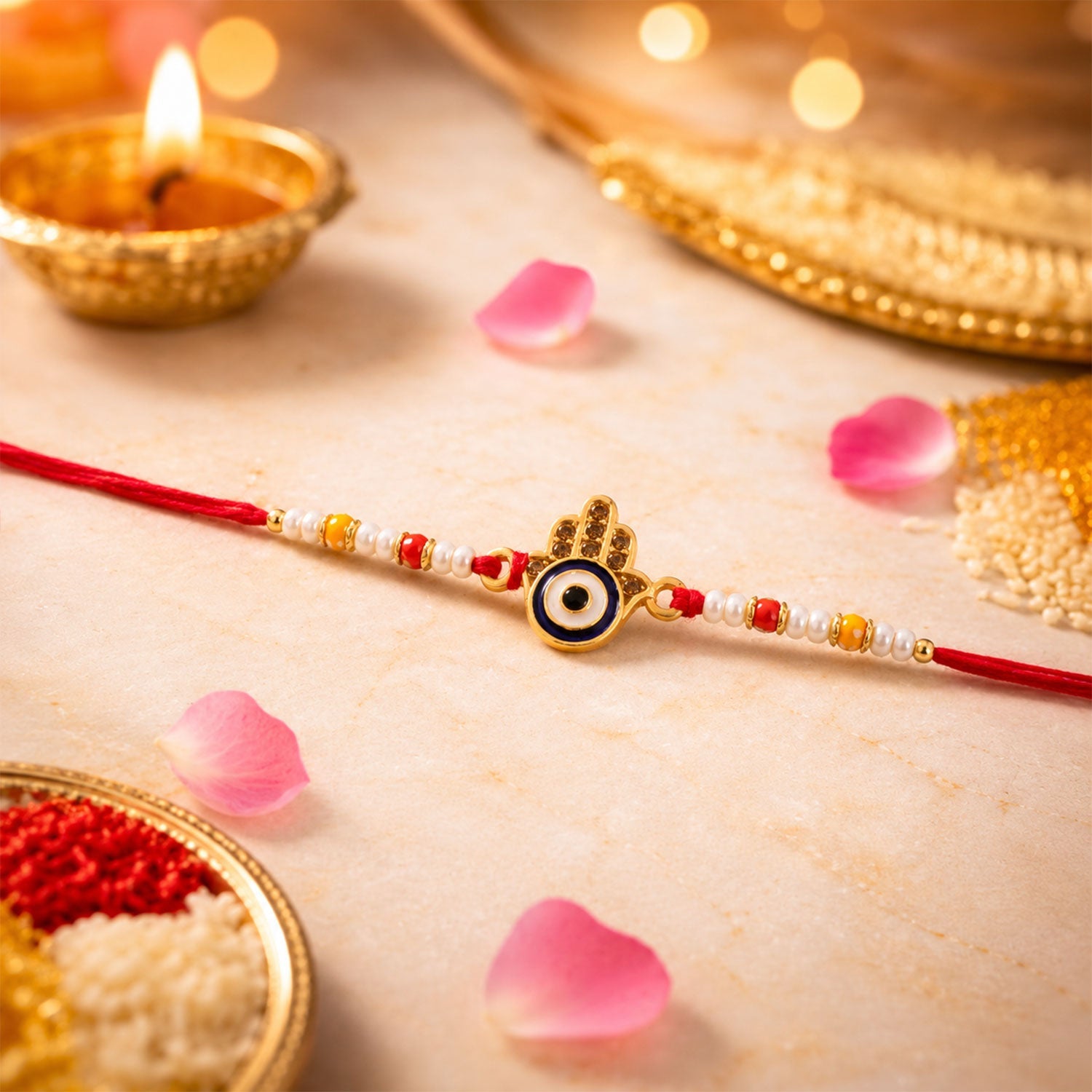 Side view of the Evil Eye Designer Rakhi, highlighting the comfortable thread and detailed craftsmanship.
