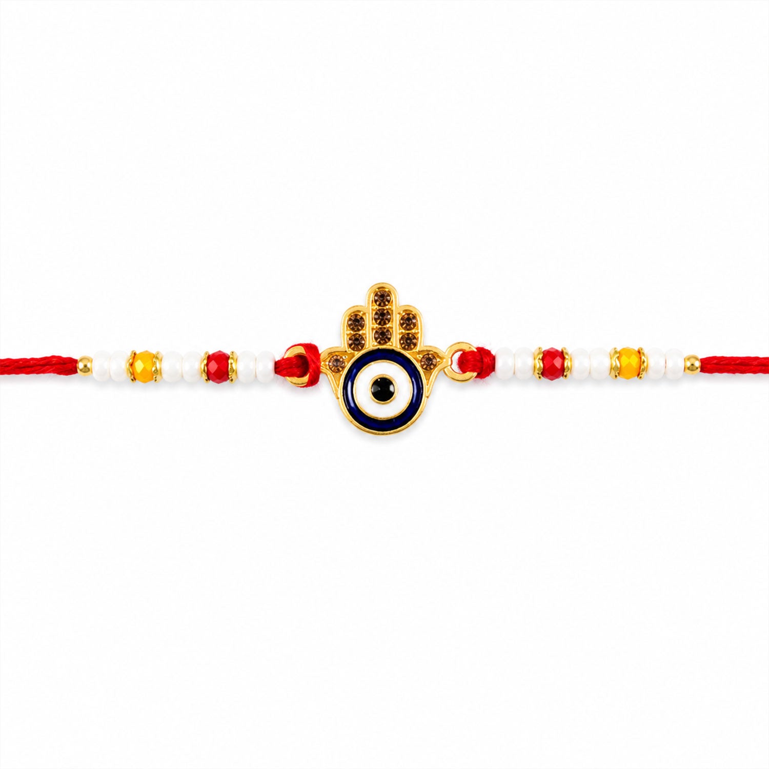 Detailed shot of the Evil Eye motif and delicate pearl beads on the designer Rakhi.