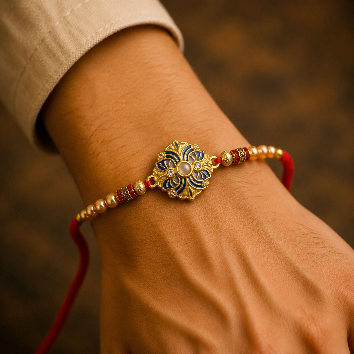 View of the red and yellow thread of the floral meenakari rakhi.
