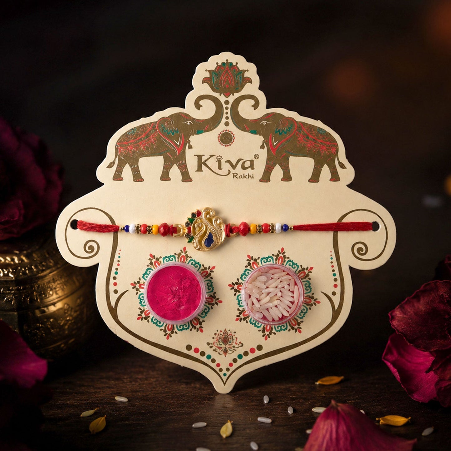 Side view of the Peacock Charm Rakhi for Brother, showcasing its detailed design and comfortable thread.