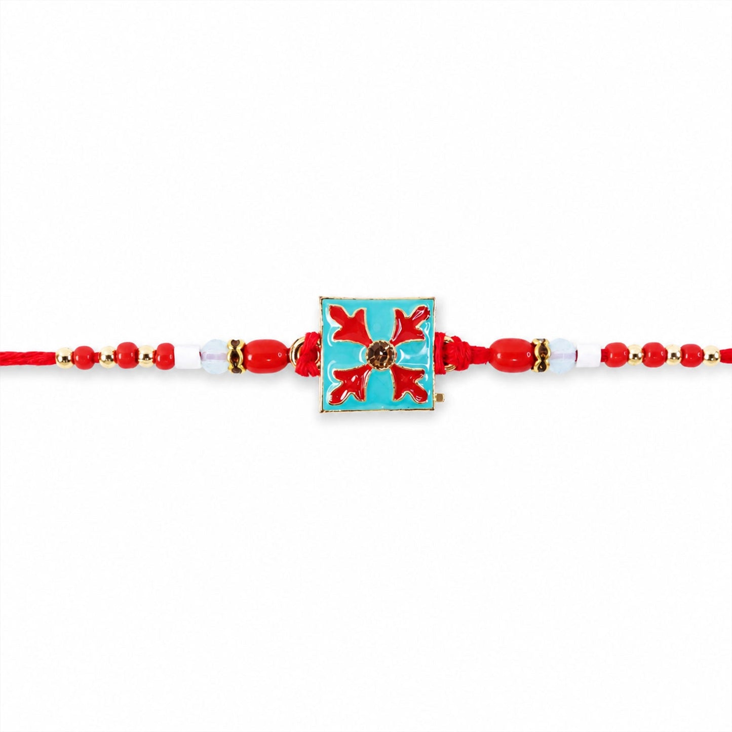 Square Design Charm Kids Rakhi presented in a small, festive gift box.