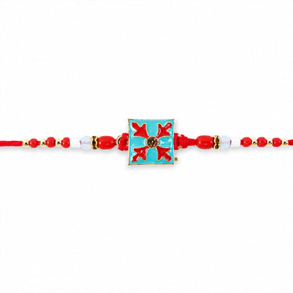 Square Design Charm Kids Rakhi presented in a small, festive gift box.