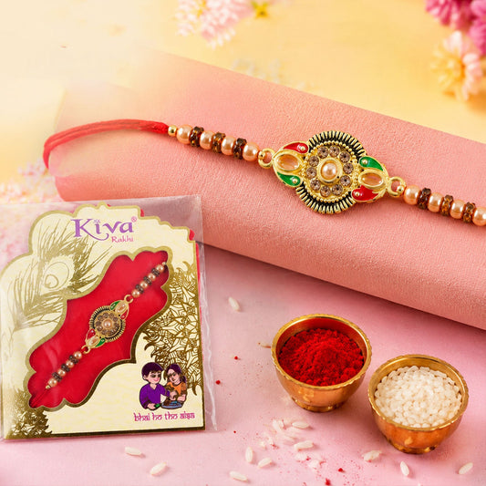 Round Floral Designer Rakhi for Brother with Kundan Stones