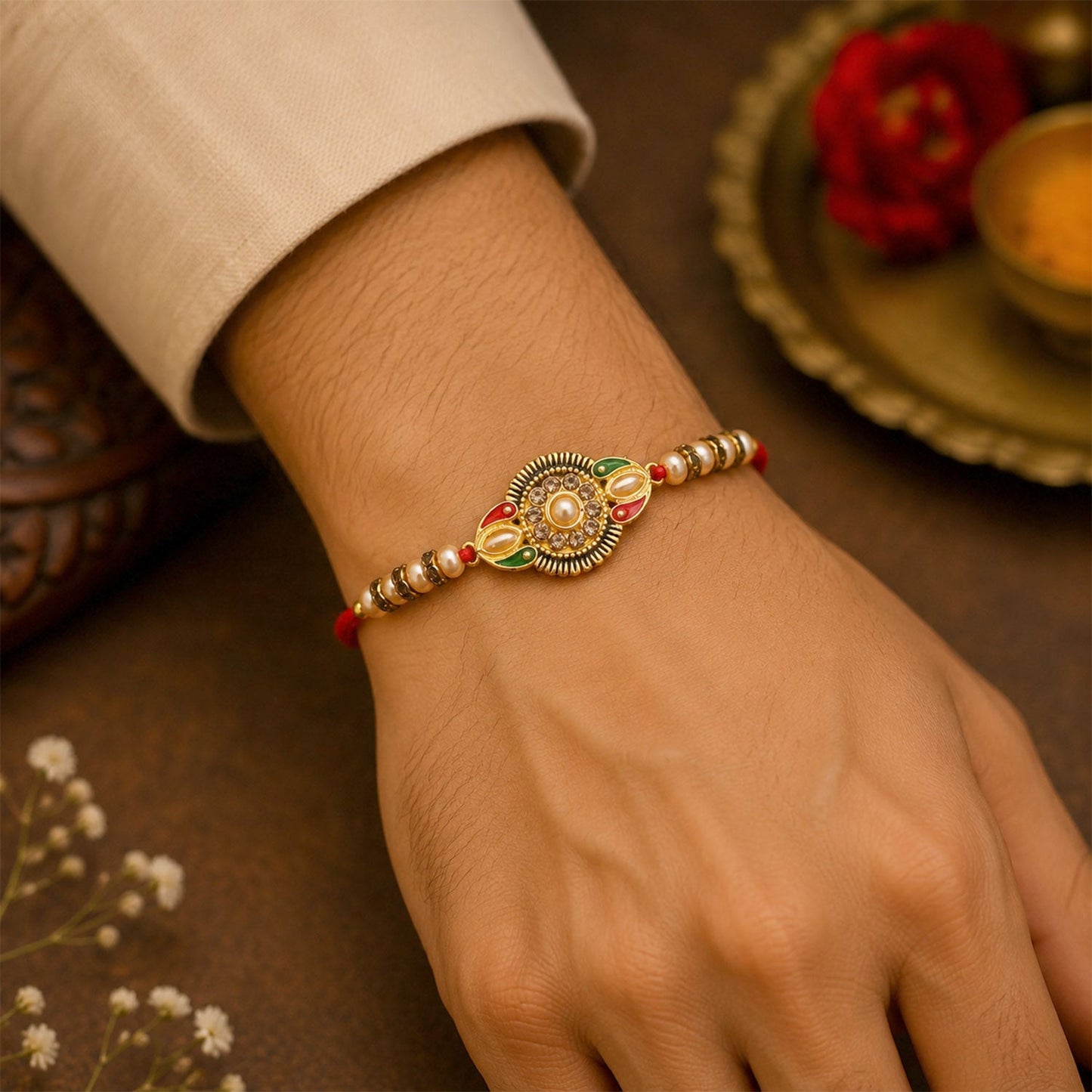 Rakhi for brother showing the red thread and central floral kundan design.
