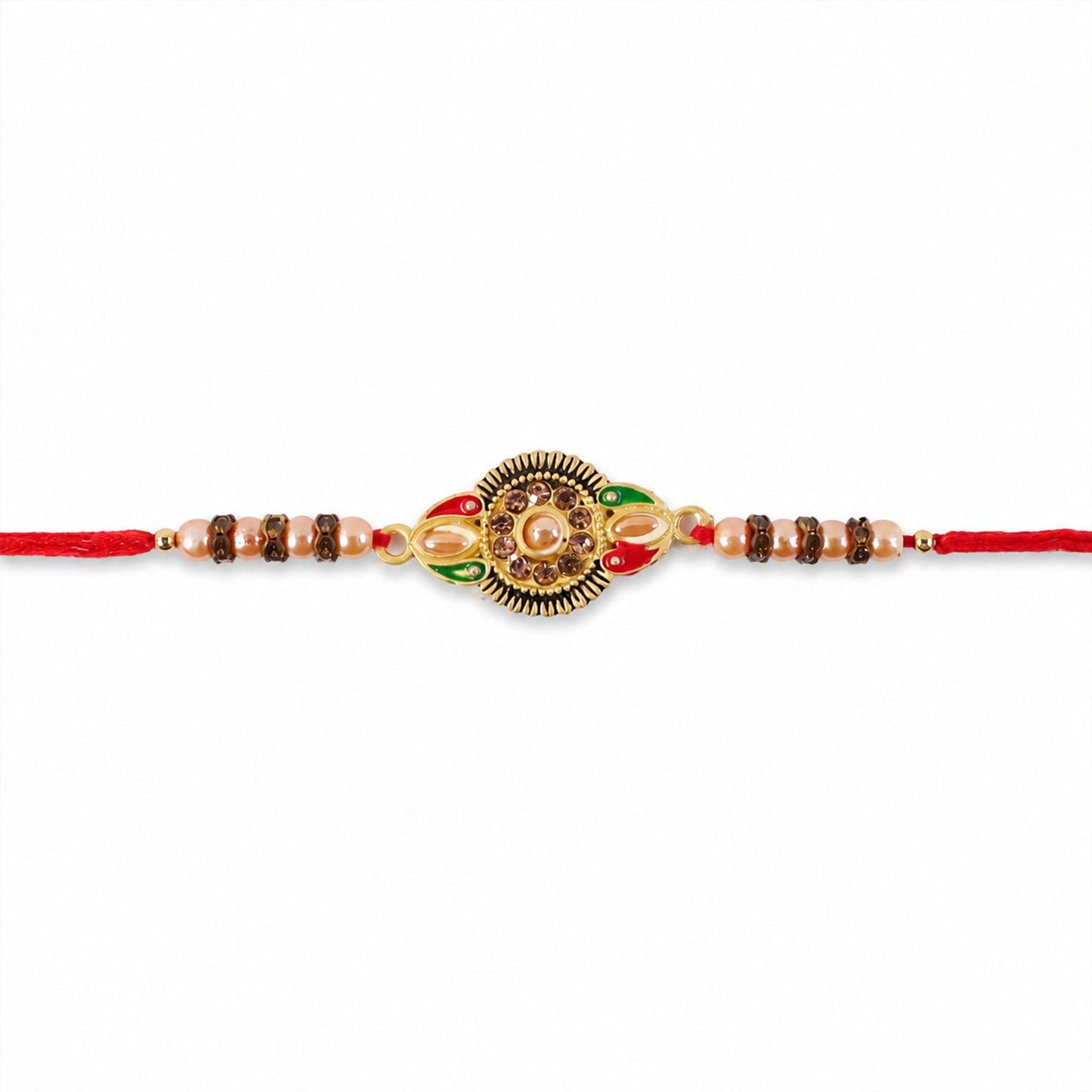 Round floral designer Rakhi for brother displayed with its clear packaging.