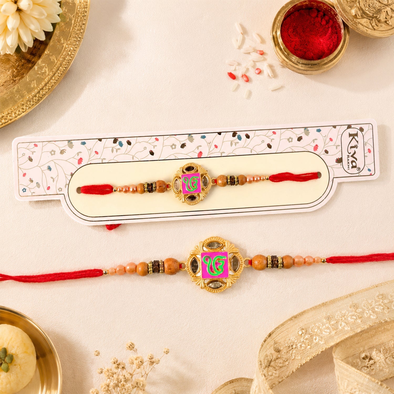 Close-up of a designer Rakhi for brother featuring round beads