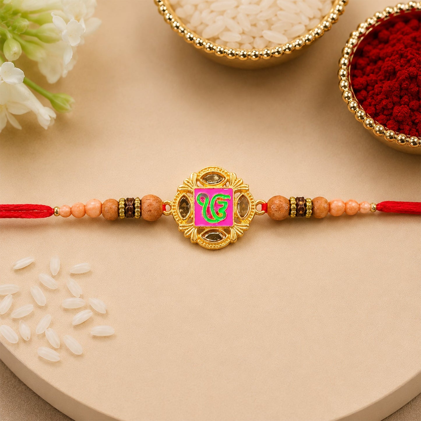 Angled view of a festive Rakhi for brother with intricate beadwork