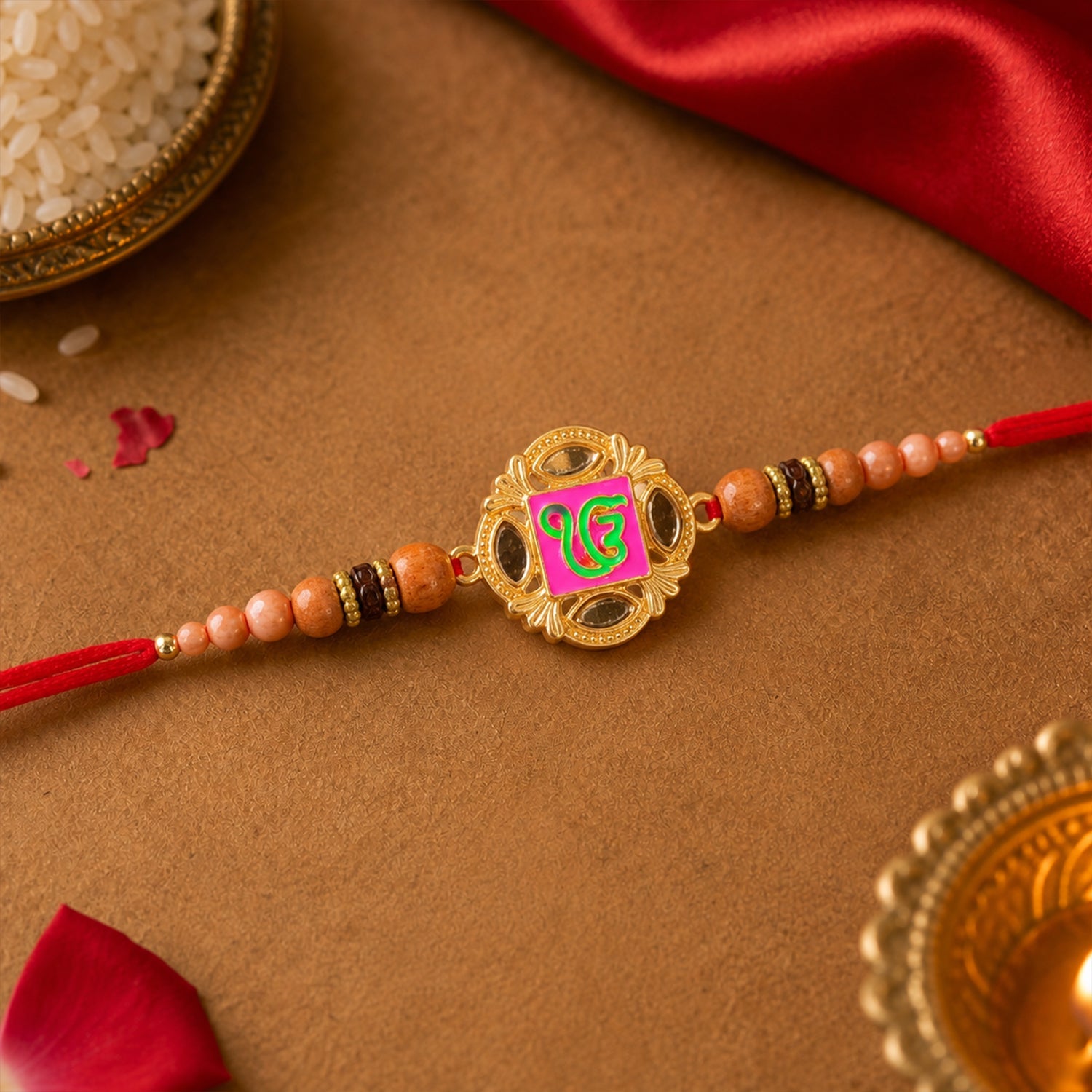 Side view of a premium Rakhi for brother on a plain background
