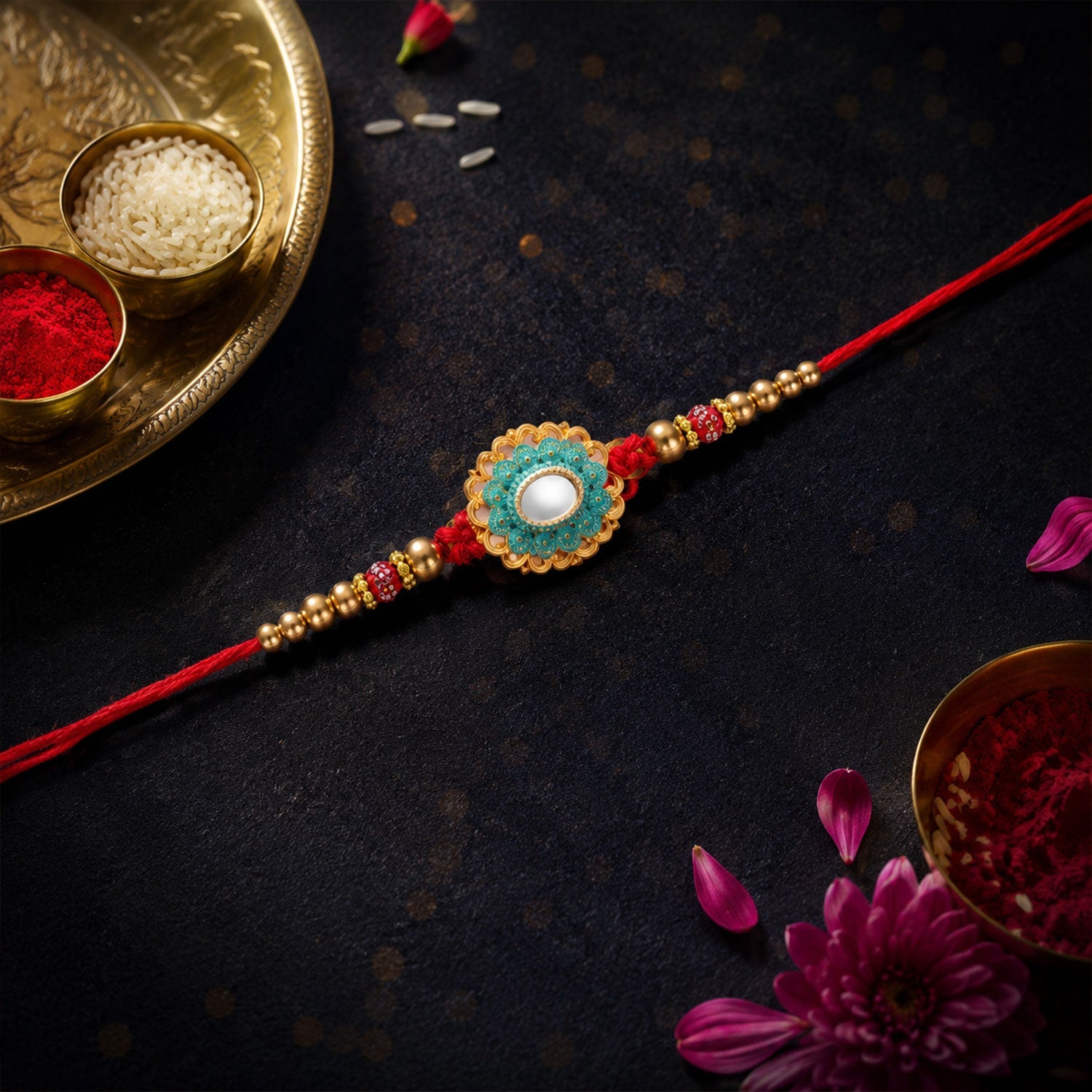 A designer Rakhi showcasing its round Kundan design and pearl bead work on a surface.