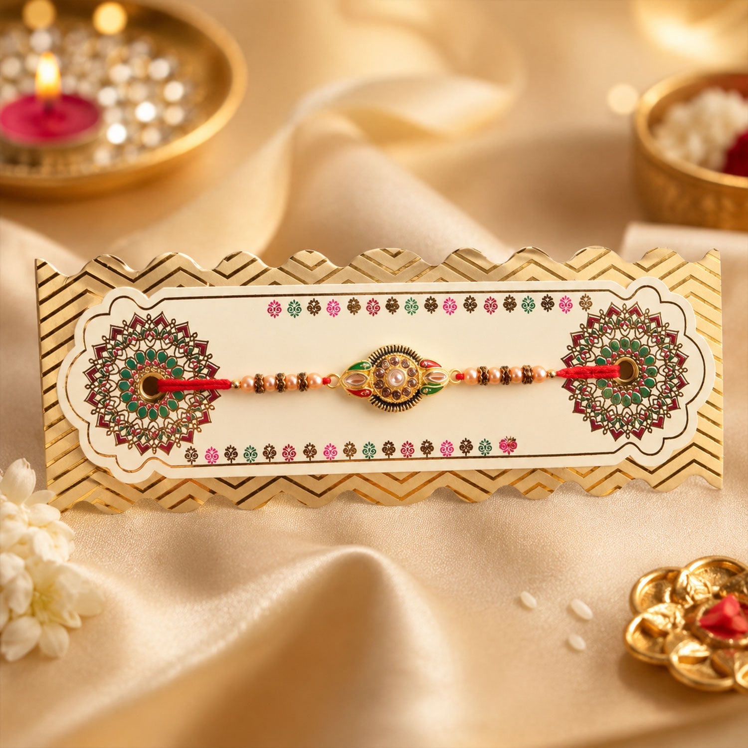 Close-up of floral center rakhi showcasing intricate stone detailing