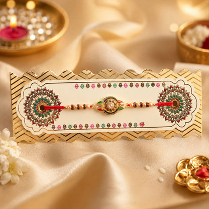 Close-up of floral center rakhi showcasing intricate stone detailing