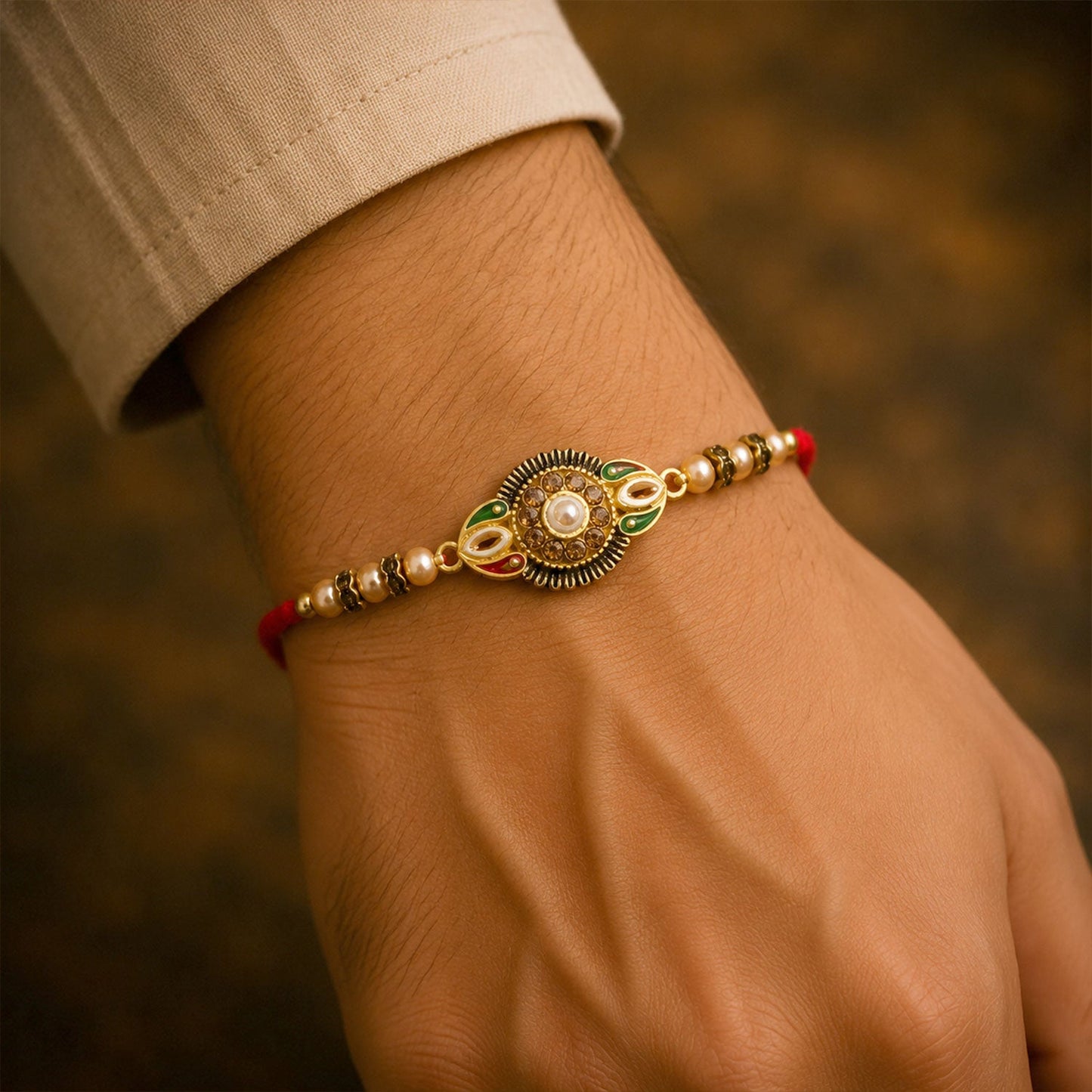Side view of the designer rakhi, highlighting its comfortable thread
