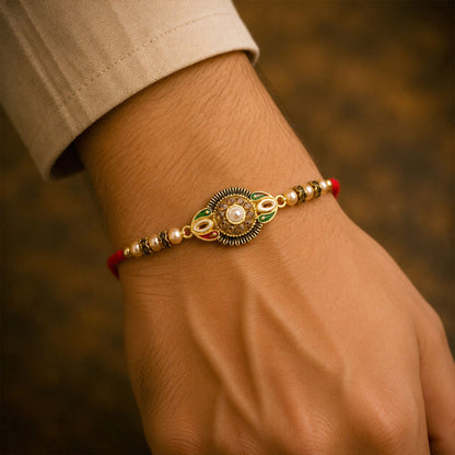 Side view of the designer rakhi, highlighting its comfortable thread